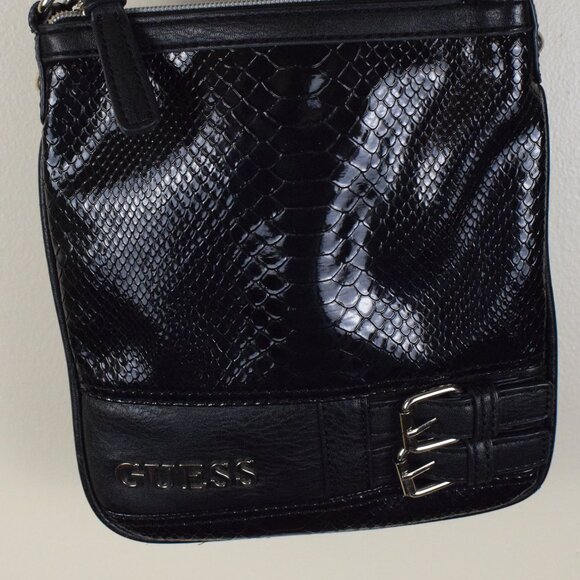 GUESS Barletta Black Crossbody Purse Snake Skin Patent Messenger Handbag Buckles - Picture 3 of 10